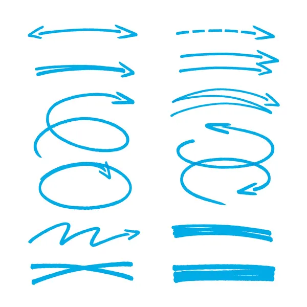Set di frecce blu disegnate a mano segni ed elementi di evidenziazione — Vettoriale Stock