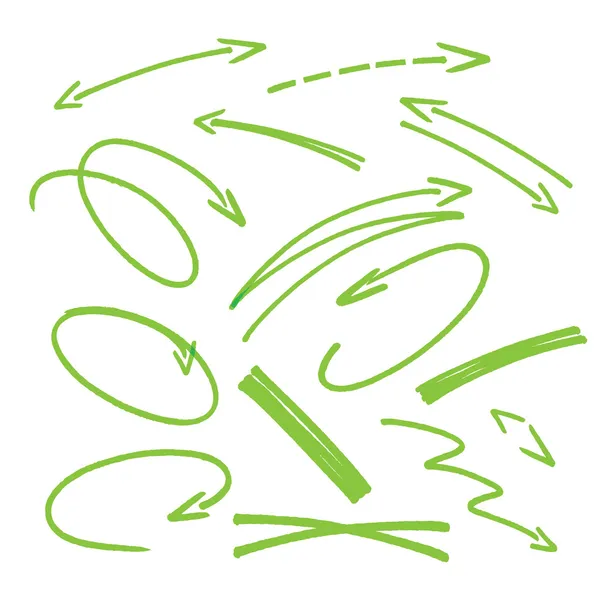 Reihe grüner, handgezeichneter Pfeile und Hervorhebungselemente — Stockvektor