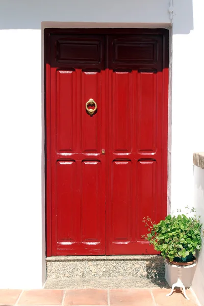 Rode houten deur met knocker — Stockfoto