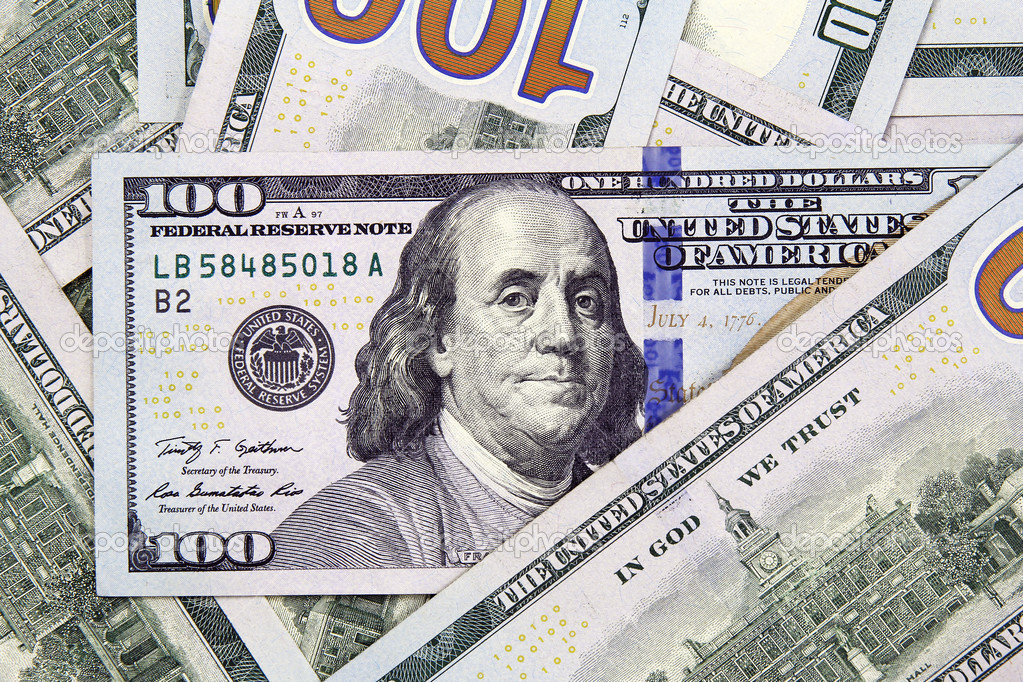 Closeup of hundred american dollars banknotes