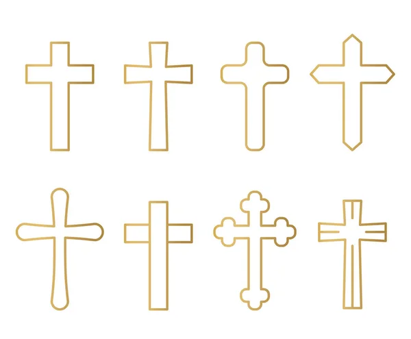 Conjunto Dourado Cristã Santa Cruz Católica Icons Vetor Ilustração — Vetor de Stock