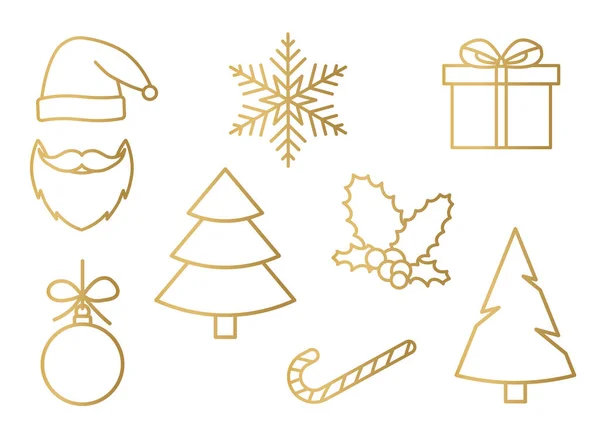 黄金のクリスマスのアイコンセット サンタクロース 雪の結晶 ギフト クリスマスツリー お菓子の杖 泡とホリーベリー ベクトルイラスト — ストックベクタ