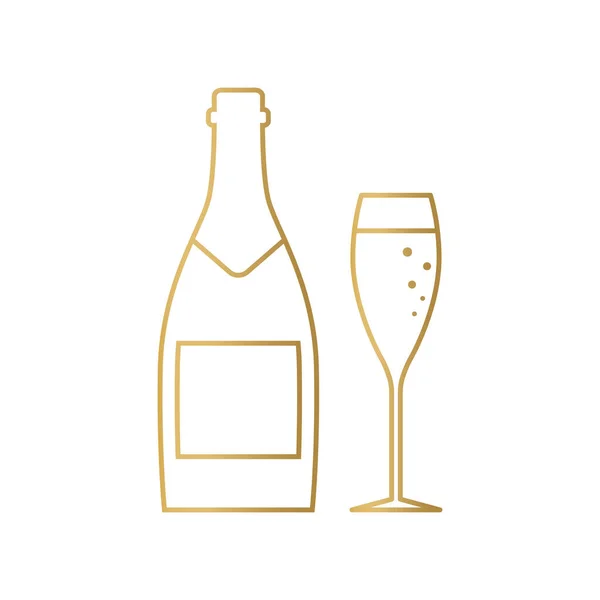 Gyllene Champagne Flaska Och Glas Skål Nyårsafton Vektor Illustration — Stock vektor