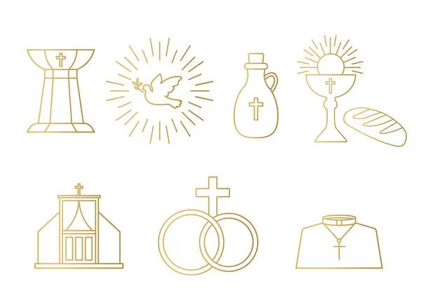 Oro Siete Sacramentos Los Iconos Iglesia Católica Vector Ilustración — Vector de stock