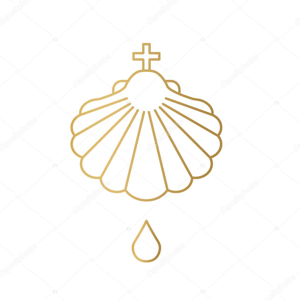 golden baptismal shell with drop of holy water icon- vector illustration