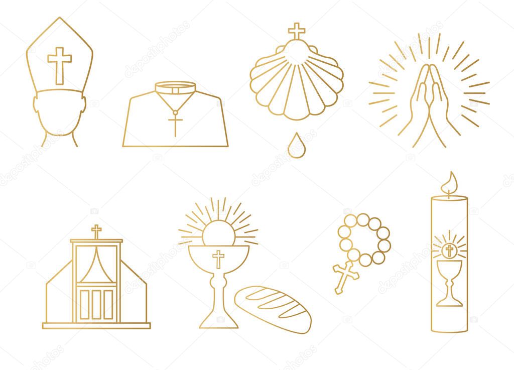 golden christianity, catholic church icon set; priest, baptism, prayer, confession, communion, rosary, holy candle - vector illustration