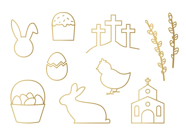 Goldenes Ostersymbolset Hase Huhn Kuchen Weidenkorb Kirche Kreuzigung Weidenzweige Vektorillustration — Stockvektor