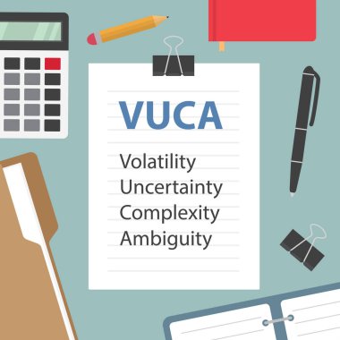VUCA Değişkenlik Belirsizliği Karmaşıklık Kağıt belge, düz konum ofis bileşimi - vektör illüstrasyonu