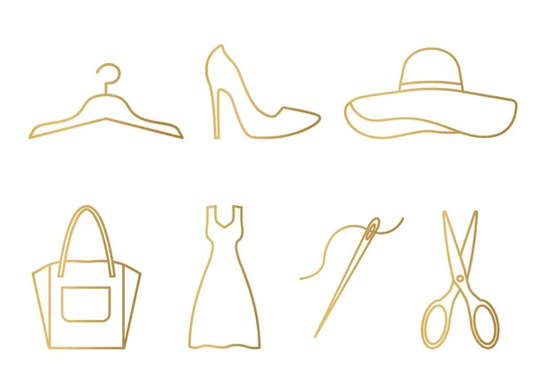 ファッションの黄金のセット テーラリングのアイコン 布ハンガー ハイヒール ハンドバッグ ドレス 糸とはさみで針 ベクトル図 — ストックベクタ