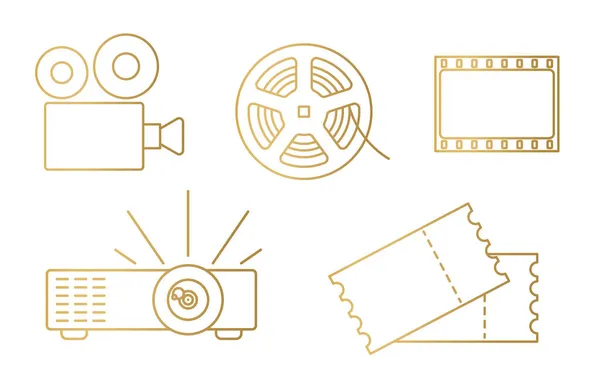 Goldene Ikonen Der Filmindustrie Kamera Filmrolle Und Rahmen Projektor Kinokarten — Stockvektor