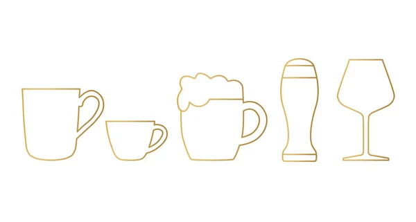 Gouden Dranken Dranken Set Thee Koffie Bier Wijn Vector Illustratie — Stockvector