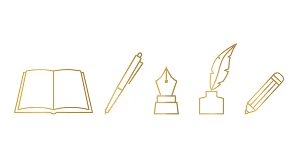 黄金书籍 墨水瓶和铅笔矢量插图 — 图库矢量图片