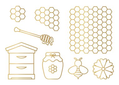 Altın bal seti: arı kovanı, bal peteği, damlatıcı, kavanoz, arı ve çiçek - vektör illüstrasyonu-