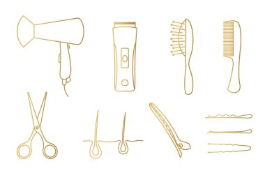 Altın kuaför aletleri: saç kurutma makinesi, kırpıcı, fırça, tarak, makas, saç ampulü, toka ve toka.
