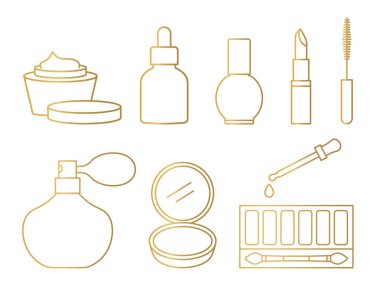 Altın güzellik, cilt bakımı, makyaj malzemesi seti: krem, serum, tırnak cilası, ruj, rimel, parfüm, toz, göz farı, nemlendirici pipet - vektör çizimi