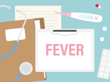 stetoskop ve termometreyle hasta kartıyla yazılan ateş - vektör illüstrasyonu