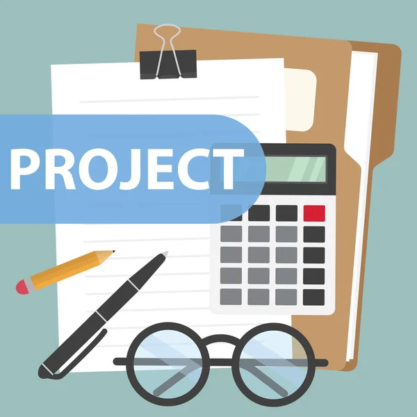 Project Concept Documents Calculator Eyeglasses Pen Pencil File Folder Flat — Stock Vector