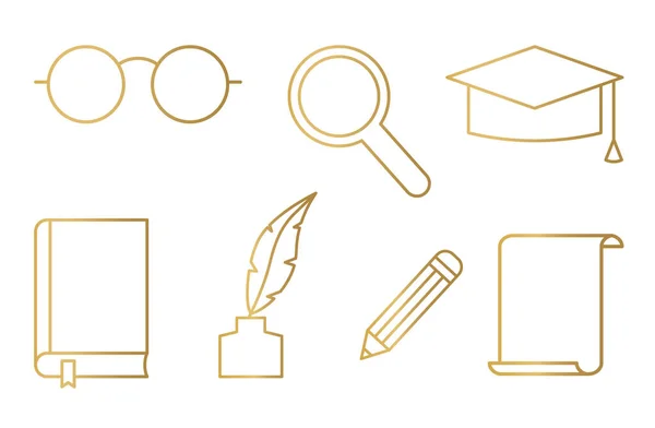 黄金图标文学 教育元素 放大镜 毕业帽 墨水瓶 铅笔和纸张矢量插图 — 图库矢量图片