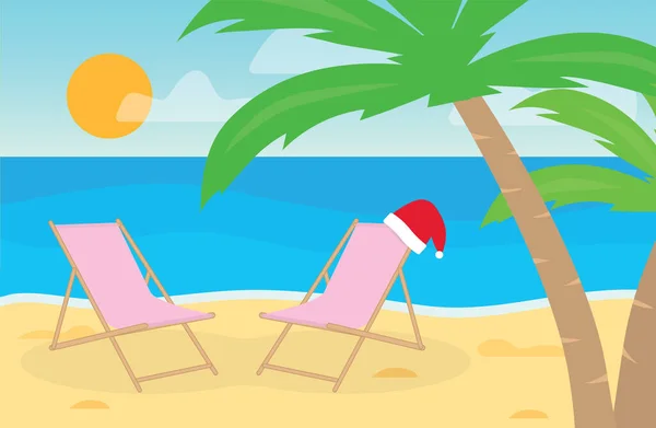 Χριστούγεννα Δαπάνες Για Την Τροπική Παραλία Σάντα Καπέλο Για Ξαπλώστρες — Διανυσματικό Αρχείο