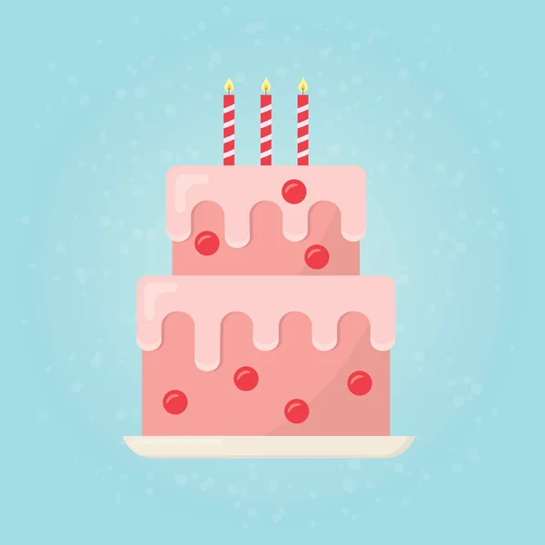 炎のろうそくのアイコンとおいしい誕生日ケーキ ベクトルイラスト — ストックベクタ