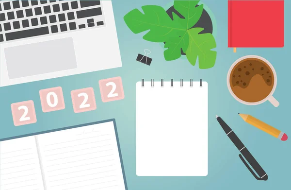 Blank Notebook Ready New 2022 Year Resolutions Goals Office Desk — Stockvektor