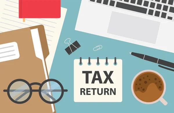 Tax Return Written Spiral Notebook Office Desk Flat Lay Composition — Stockvektor