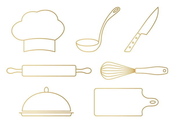 Set Golden Kitchen Cooking Utensils Icons Chef Hat Ladle Knife — ストックベクタ