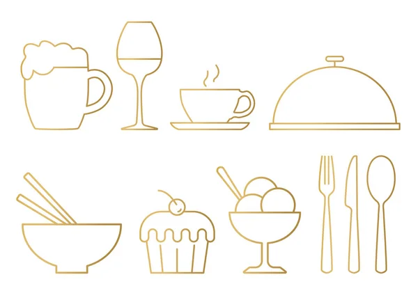 Set Golden Food Drink Icons Beer Glass Wine Coffee Cup — ストックベクタ