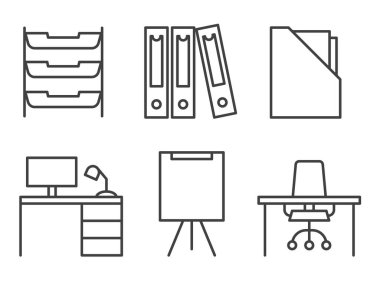 set of office equipment icons: documents storage, desk, computer, whiteboard, chair - vector illustration