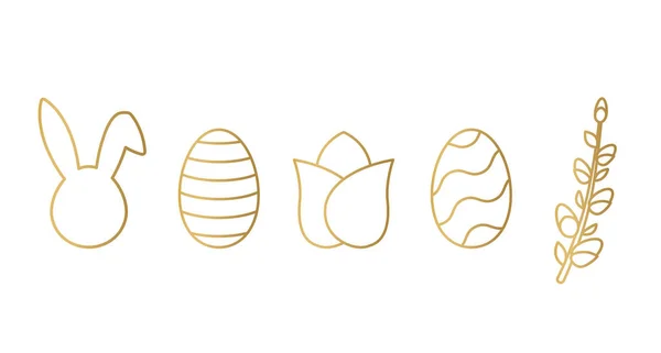 Zlaté Velikonoční Prvky Králík Vejce Tulipán Vrbová Větvička Vektorová Ilustrace — Stockový vektor