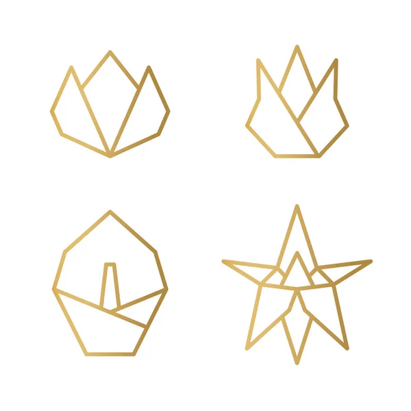 Set Van Gouden Origami Stijl Bloemen Vector Illustratie — Stockvector