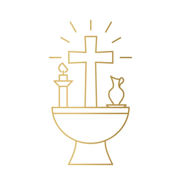 Golden Baptismal Fonte Com Cruz Vela Jarro Símbolos Batismo Deus — Vetor de Stock
