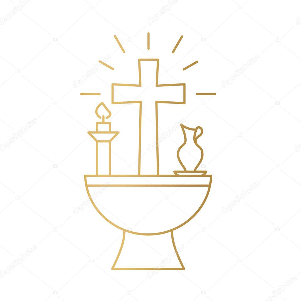 golden baptismal font with cross, candle and pitcher, christening symbols, God bless you, element for greeting card- vector illustration