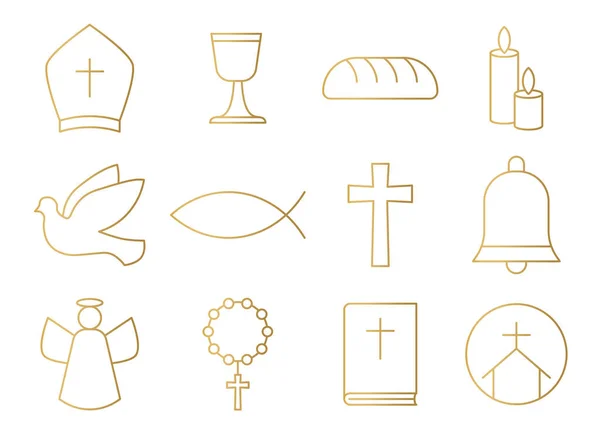 Set Golden Christian Catholic Religion Icons Bishop Hat Chalice Bread — Stock Vector