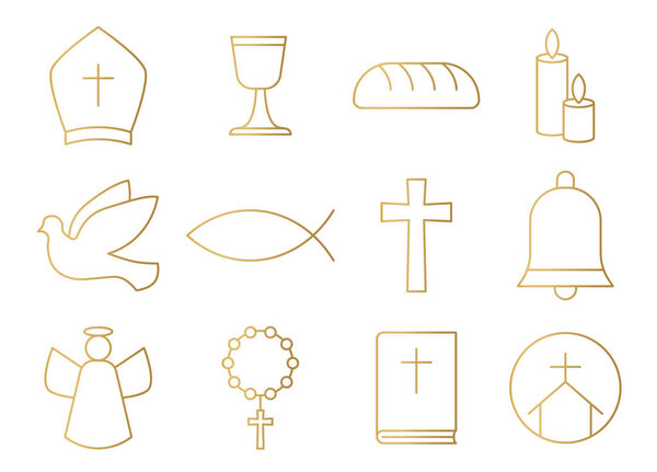 set of golden christian, catholic religion icons; bishop hat, chalice, bread, candles, dove, cross, bell, angel, rosary, bible, church- vector illustration