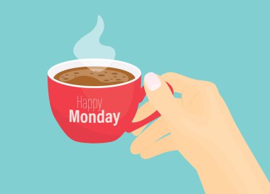 Bir fincan kahve ve mutlu pazartesi metni - vektör illüstrasyon