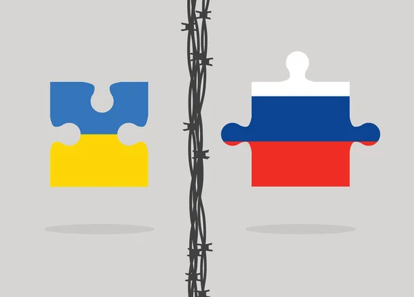 Две Головоломки Флагами Украины России Разделенные Колючей Проволокой Векторная Иллюстрация — стоковый вектор