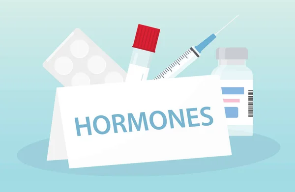 Hormonas Escritas Placa Tabletas Muestra Sangre Jeringa Frasco Médico Ilustración — Archivo Imágenes Vectoriales