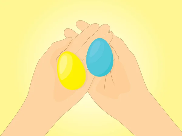 Yellow Blue Easter Eggs Open Hands Vector Illustration — Stock Vector