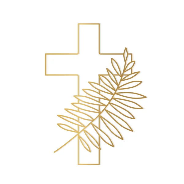 Goldenes Palmblatt Und Kreuz Christliches Palmsonntagssymbol Vektorillustration — Stockvektor