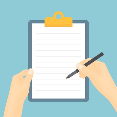 Pano ve kalem tutan eller, kontrol listesi, plan konsepti - vektör illüstrasyonu