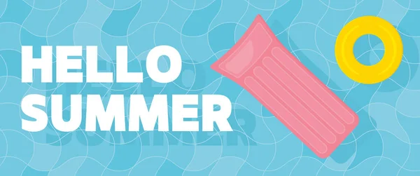 Hallo Sommer Banner Welliges Schwimmbad Und Schwimmende Badematratze Und Ringvektorillustration — Stockvektor