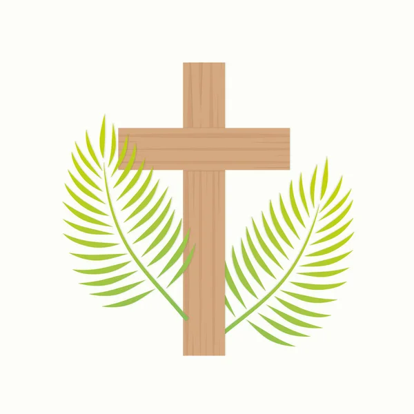 棕榈叶和十字花树 基督教棕榈主日符号 矢量图解 — 图库矢量图片