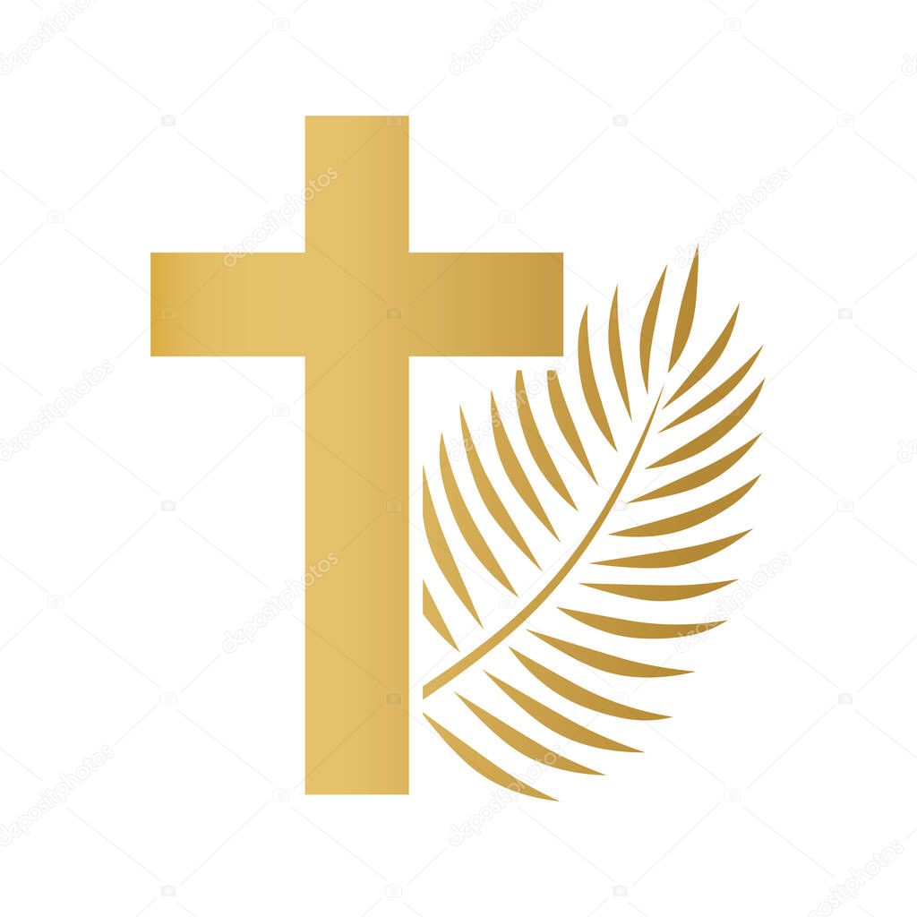 golden palm leaf and cross, christian Palm Sunday symbol- vector illustration