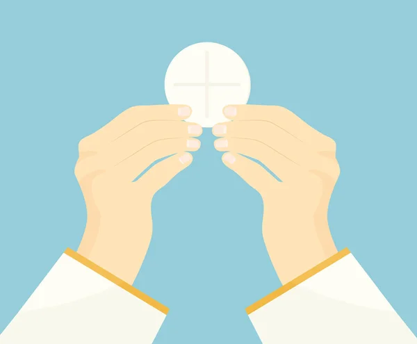 Hands Priest Raise Holy Host Communion Wafer Vector Illustration — ストックベクタ