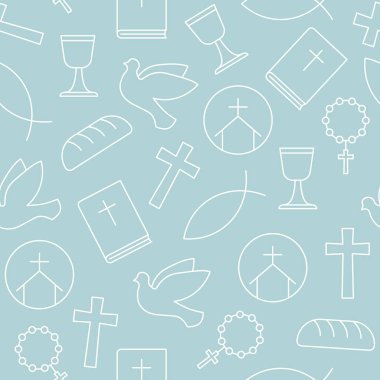 Katolik din simgeleriyle kusursuz desen: İncil, haç, güvercin, ekmek, balık, kadeh, gül-vektör çizimi