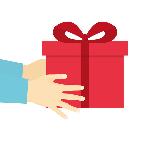 руки с красной подарочной коробкой с лентой - векторная иллюстрация