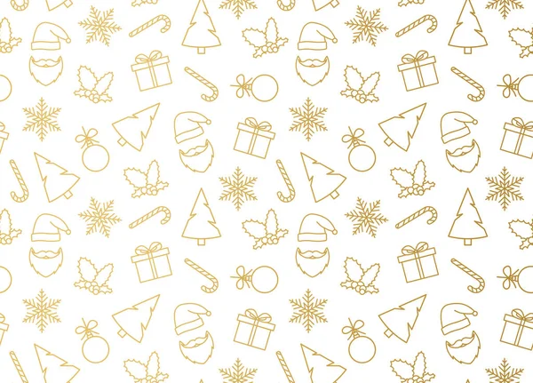 Seamless Pattern Golden Christmas Icons Santa Claus Snowflake Gift Christmas — ストックベクタ