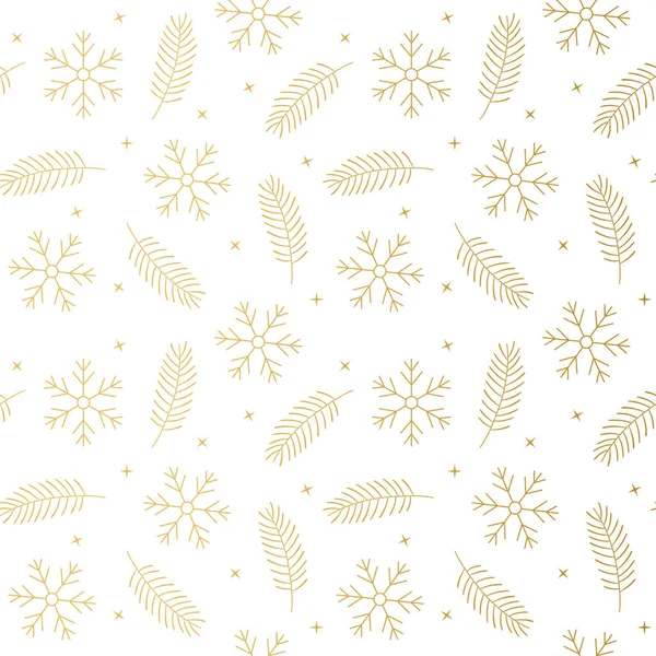 Altın köknar ağacı dalları ve kar tanelerinin kusursuz deseni; noel, sarma için zarif arkaplan, tekstil, duvar kağıdı - vektör çizimi