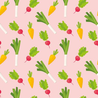 Sebzesiz şablon, turp, havuç ve pırasa üst görünüm bileşimi, sarma, tekstil, duvar kağıdı - vektör çizimi için harika